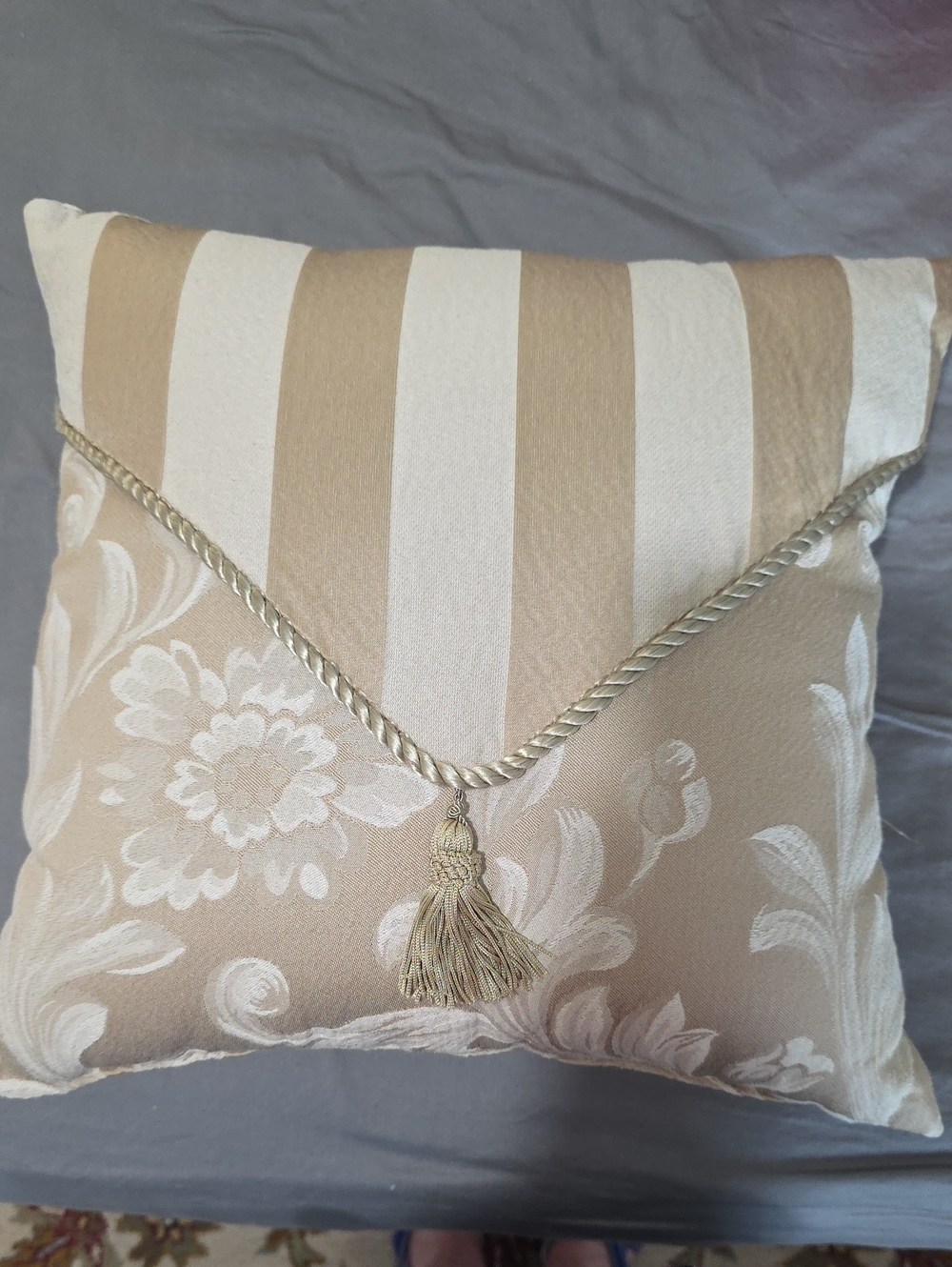 Decorative Cream and Tan Striped Accent Pillow with Tassel